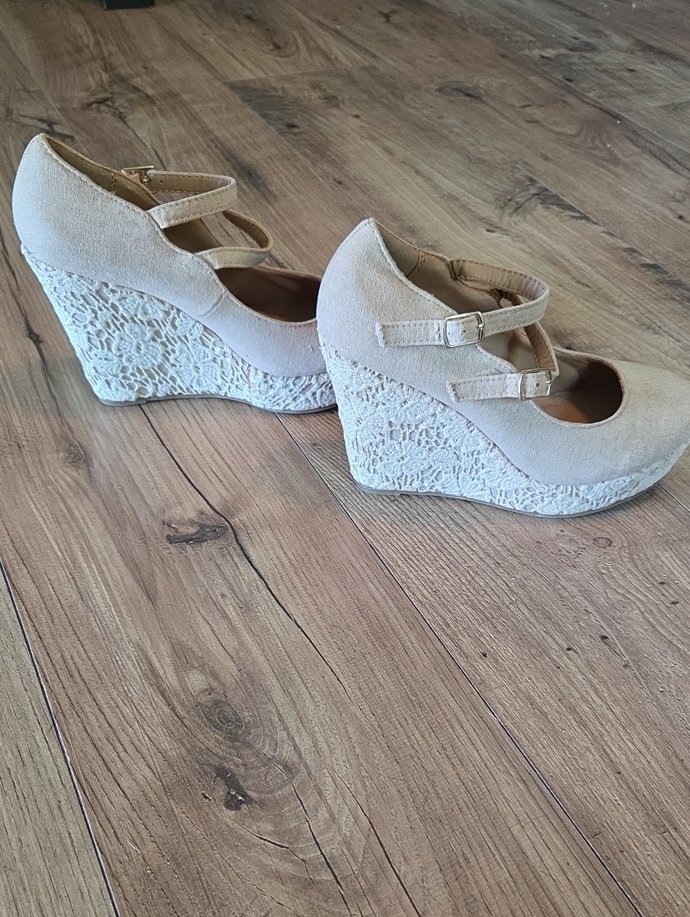 Soda | Glenda Beige Double-Strap Lace Wedge - Picture 4 of 10